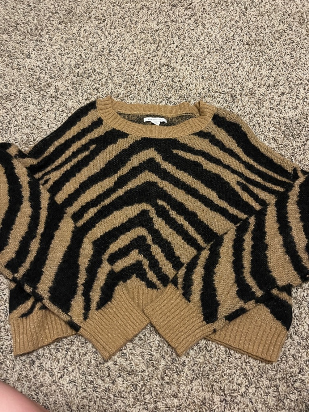 American Eagle Outfitters Zebra-Stripe Crewneck Sweater in Camel and Black